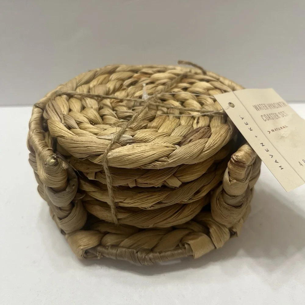 Haven + Key Natural Water Hyacinth Coasters Set Of 4 W/ Holder New Tan Boho